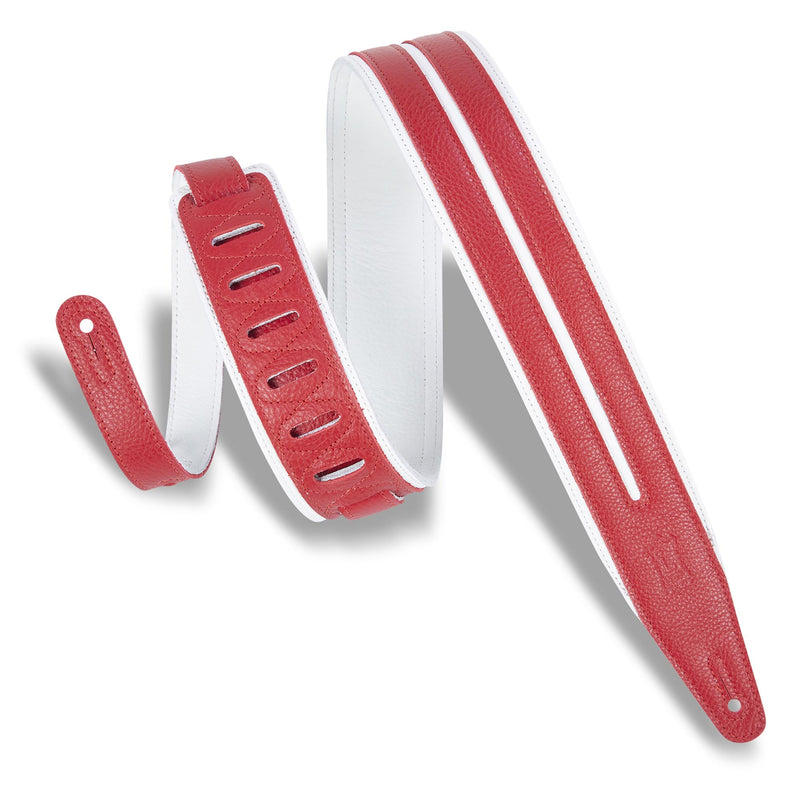 Levys 2 1/2 Inch Garment Leather Guitar Straps Double Racing Stripe Padded And White With Red