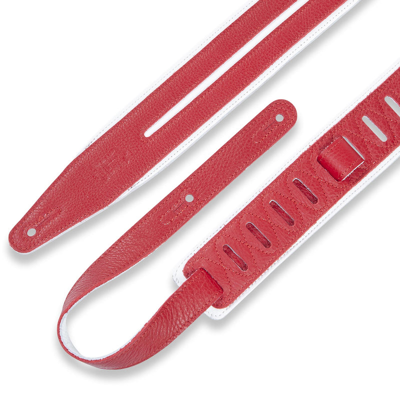 Levys 2 1/2 Inch Garment Leather Guitar Straps Double Racing Stripe Padded And White With Red