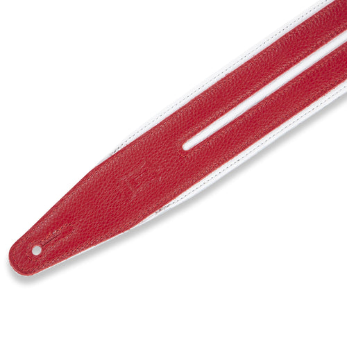 Levys 2 1/2 Inch Garment Leather Guitar Straps Double Racing Stripe Padded And White With Red