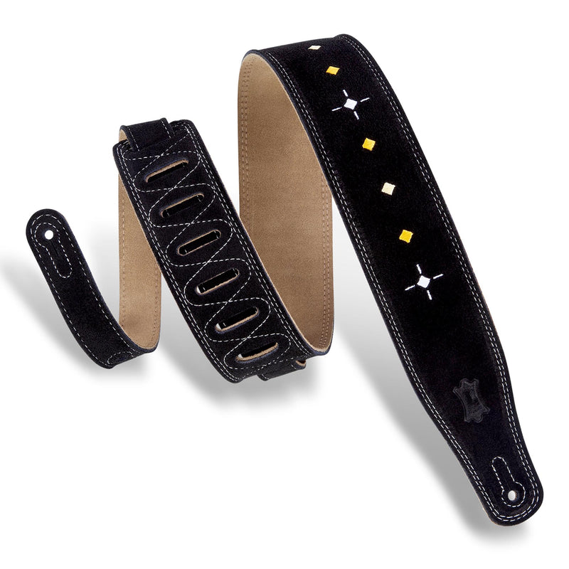 Levys 2 1/2 Inch Suede Leather Guitar Strap, Diamond Dash Pattern Black