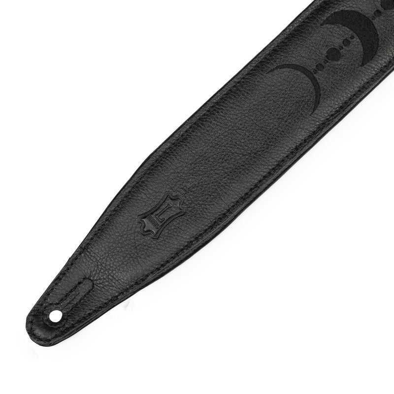 Levys 2.5" Black Padded Garment Leather Guitar Strap, With Black Embroidered Moon Phases