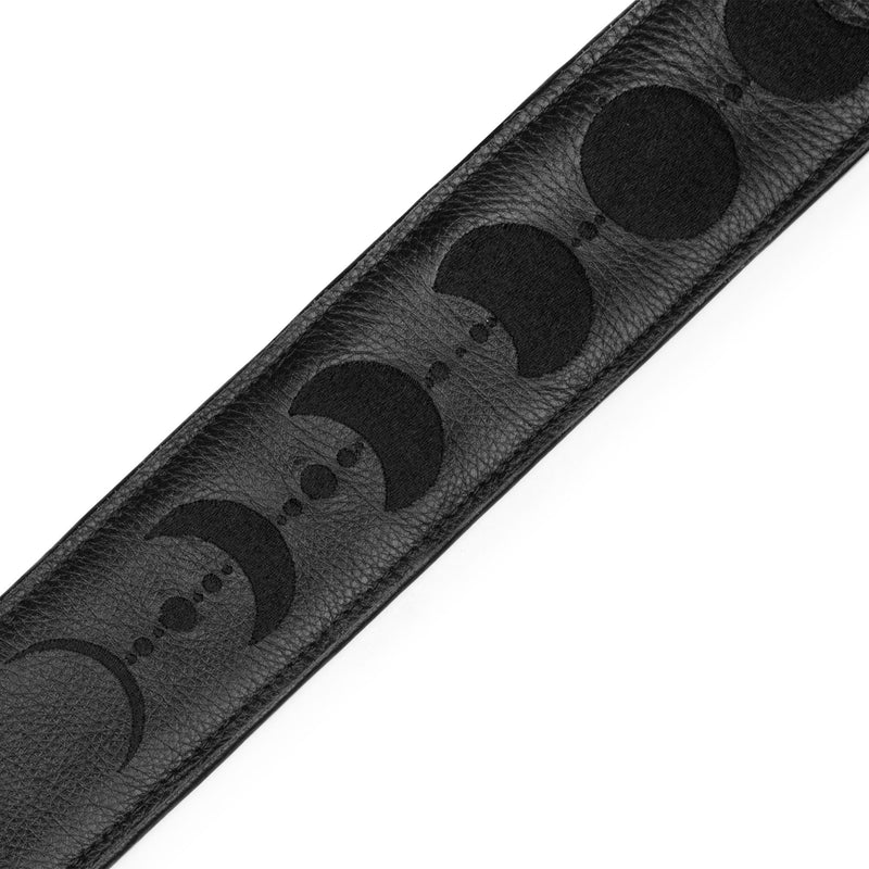Levys 2.5" Black Padded Garment Leather Guitar Strap, With Black Embroidered Moon Phases