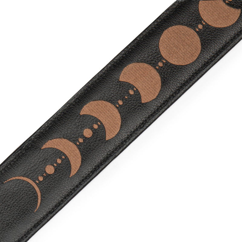 Levys 2.5" Black Padded Garment Leather Guitar Strap With Brown Embroidered Moon Phases