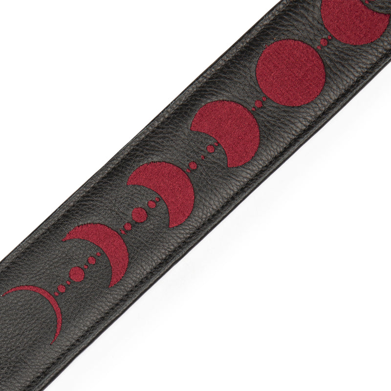 Levys 2.5" Black Padded Garment Leather Guitar Strap With Burgundy Embroidered Moon Phases