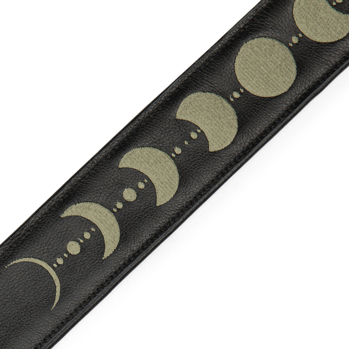 Levy's 2.5" Black Padded Garment Leather Guitar Strap With Green Embroidered Moon Phases