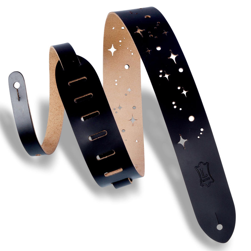 Levys 2 Inch Chrome Tan Leather Guitar Strap With Galaxy Punch Out, Black And Natural