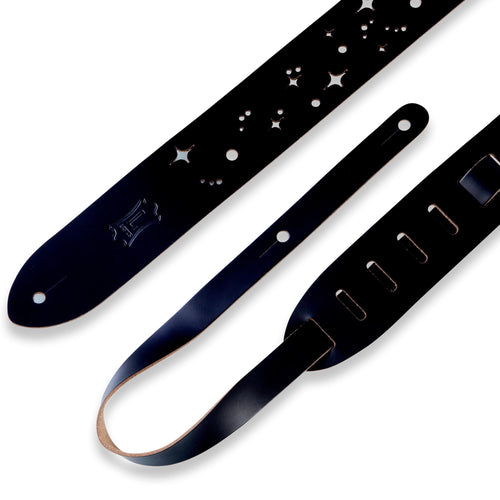 Levys 2 Inch Chrome Tan Leather Guitar Strap With Galaxy Punch Out, Black And Natural