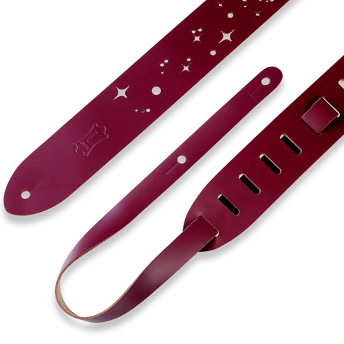 Levys 2 Inch Chrome Tan Leather Guitar Strap With Galaxy Punch Out, Burgundy And Natural