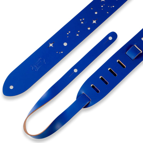Levys 2 Inch Chrome Tan Leather Guitar Strap With Galaxy Punch Out, Royal Blue And Natural