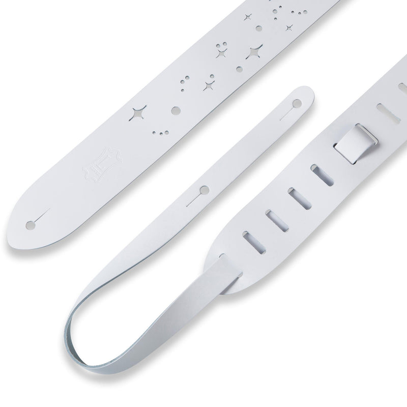 Levys 2 Inch Chrome Tan Leather Guitar Strap With Galaxy Punch Out, White And Natural