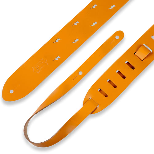 Levys 2 Inch Chrome Tan Leather Guitar Strap With Lightning Bolt Punch Out, Tan And Natural