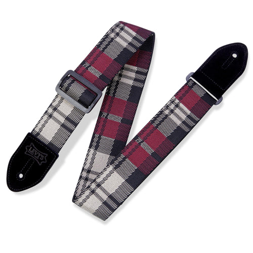 Levys 2 Inch Polyester Guitar Strap With Black Plastic Loop And Slide, Garnet Plaid
