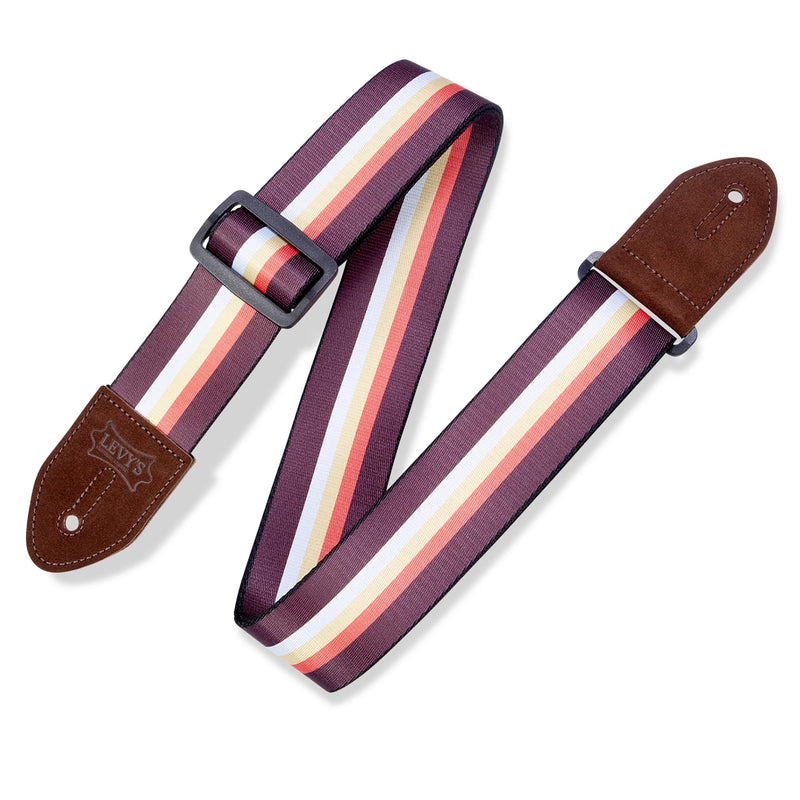 Levys 2 Inch Print Guitar Strap On Polyester 3-Bar Stripe, Brown, Red, White, And Yellow.