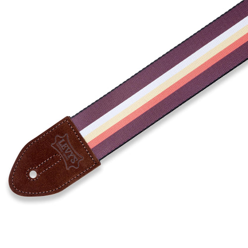 Levys 2 Inch Print Guitar Strap On Polyester 3-Bar Stripe, Brown, Red, White, And Yellow.