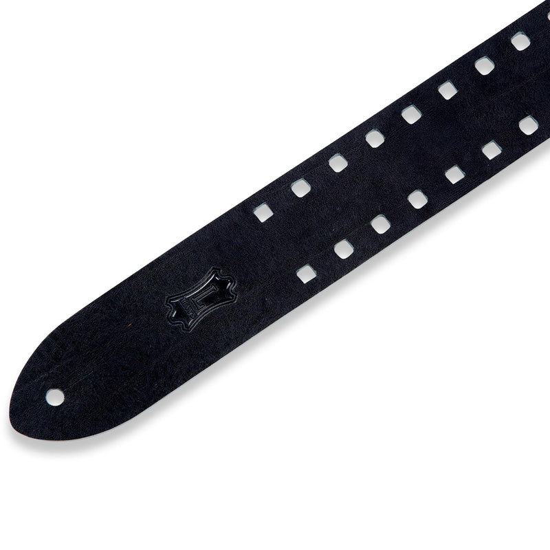 Levys 2 Inch Veg Tan Leather Guitar Strap, Square Edge Punch Out Pattern One Black