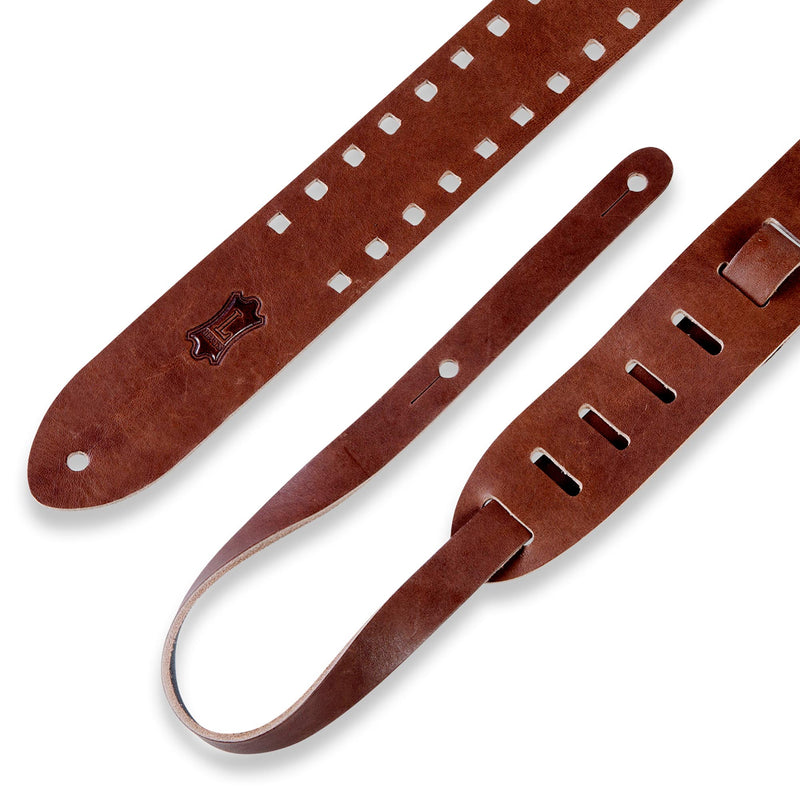 Levys 2 Inch Veg Tan Leather Guitar Strap, Square Edge Punch Out Pattern One Brown