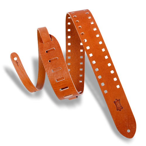 Levys 2 Inch Veg Tan Leather Guitar Strap Square Edge Punch Out Pattern One Tan