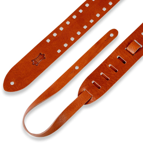Levys 2 Inch Veg Tan Leather Guitar Strap Square Edge Punch Out Pattern One Tan