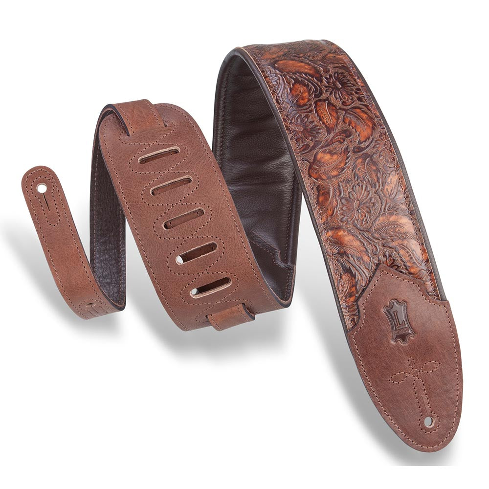 Levys 3 Inch Sundance Line Arrowhead Bronze Embossed Leather Guitar Strap Brown