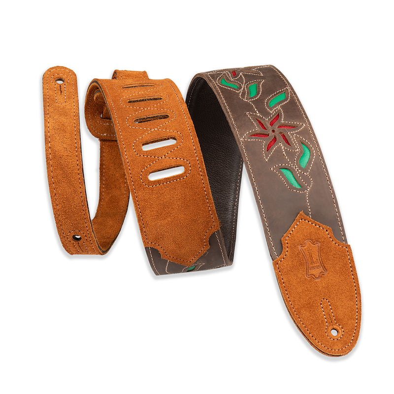 Levys Flowering Vine Series Guitar Strap, Brown Leather, Red Flowers