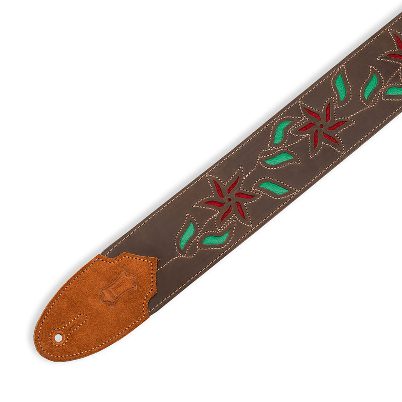 Levys Flowering Vine Series Guitar Strap, Brown Leather, Red Flowers
