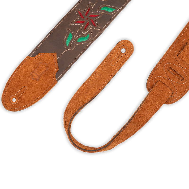 Levys Flowering Vine Series Guitar Strap, Brown Leather, Red Flowers