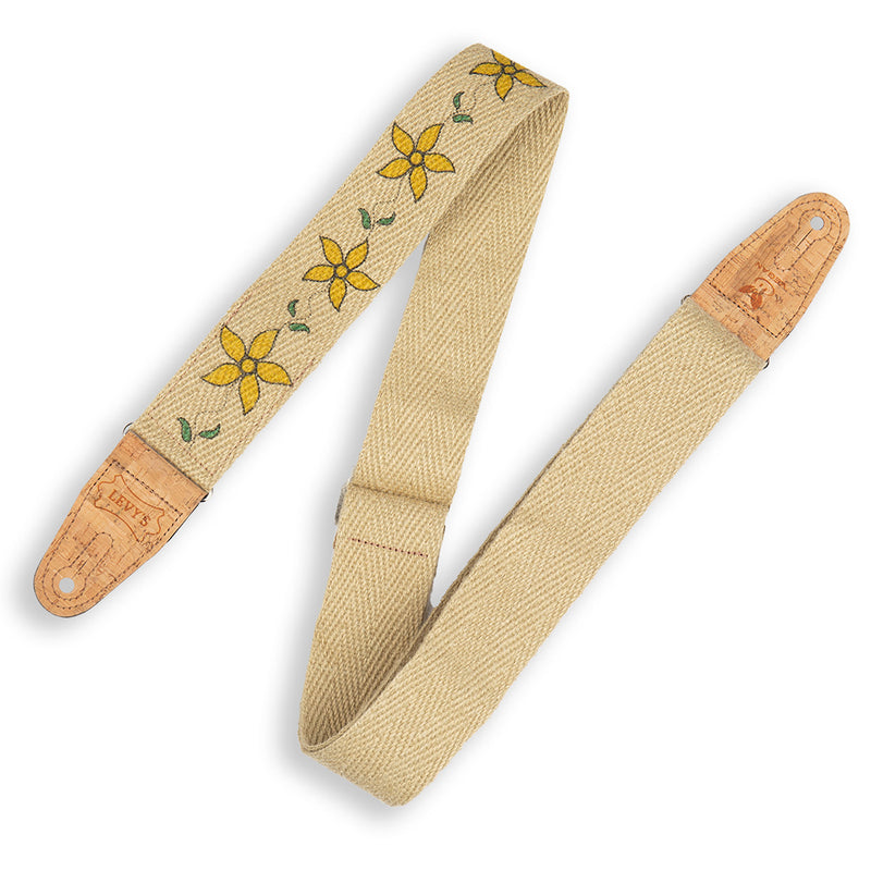 Levys Hemp Flowering Vine Guitar Strap With Yellow Flowers