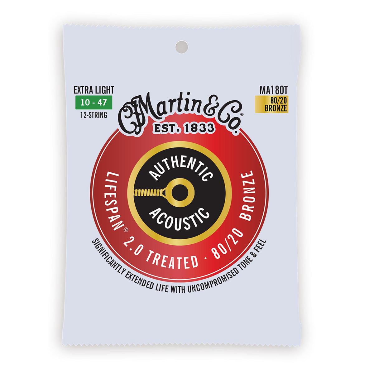Martin Authentic Acoustic Lifespan 2.0 Treated 80/20 Bronze Guitar Strings, .010-.047 Extra Light 12-String