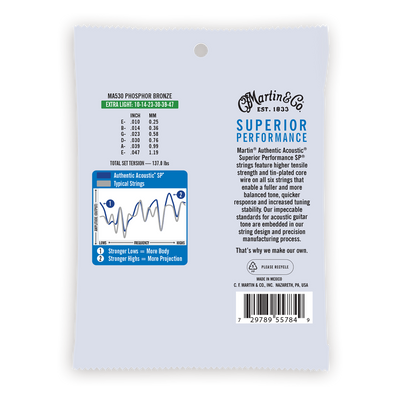 Martin Authentic Acoustic SP Guitar Strings, .10-.47 Extra Light, 92/8 Phosphor Bronze