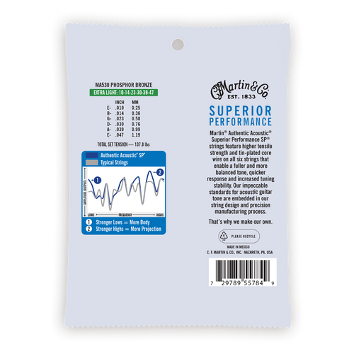 Martin Authentic Acoustic SP Guitar Strings, .10-.47 Extra Light, 92/8 Phosphor Bronze