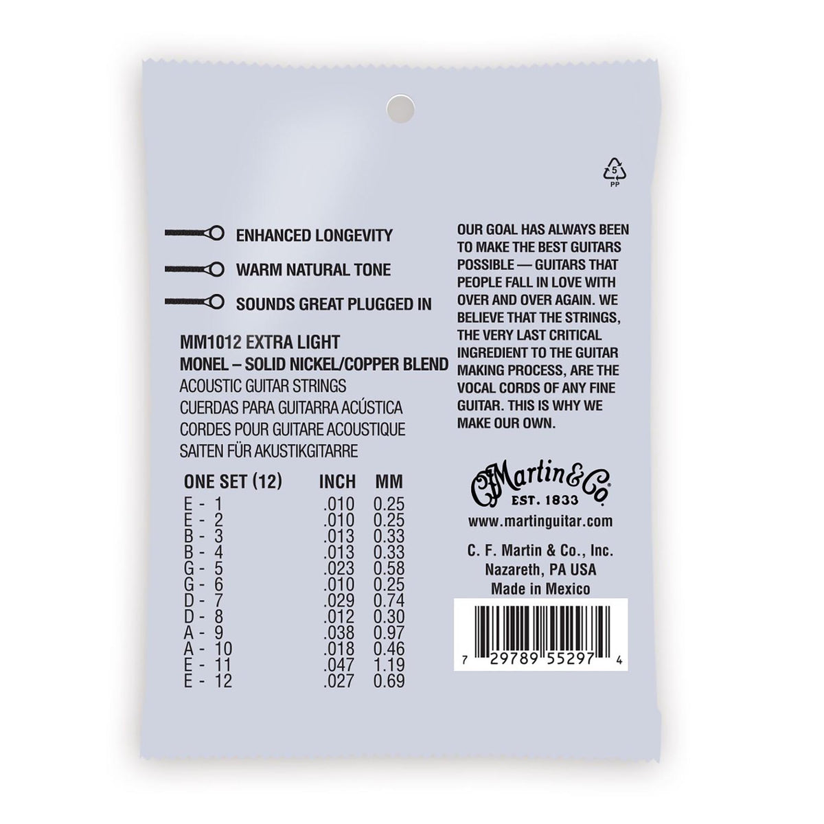 Martin Retro Acoustic Guitar Strings, .10-.47 Extra Light 12-String, Monel