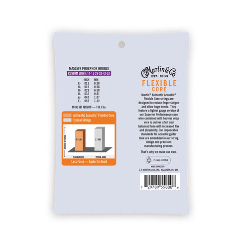 Martin Authentic Acoustic Flexible Core Guitar Strings, .11-.52 Custom Light, Phosphor Bronze
