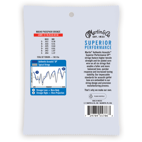 Martin Authentic Acoustic SP Guitar Strings, .12-.54 Light, Phosphor Bronze