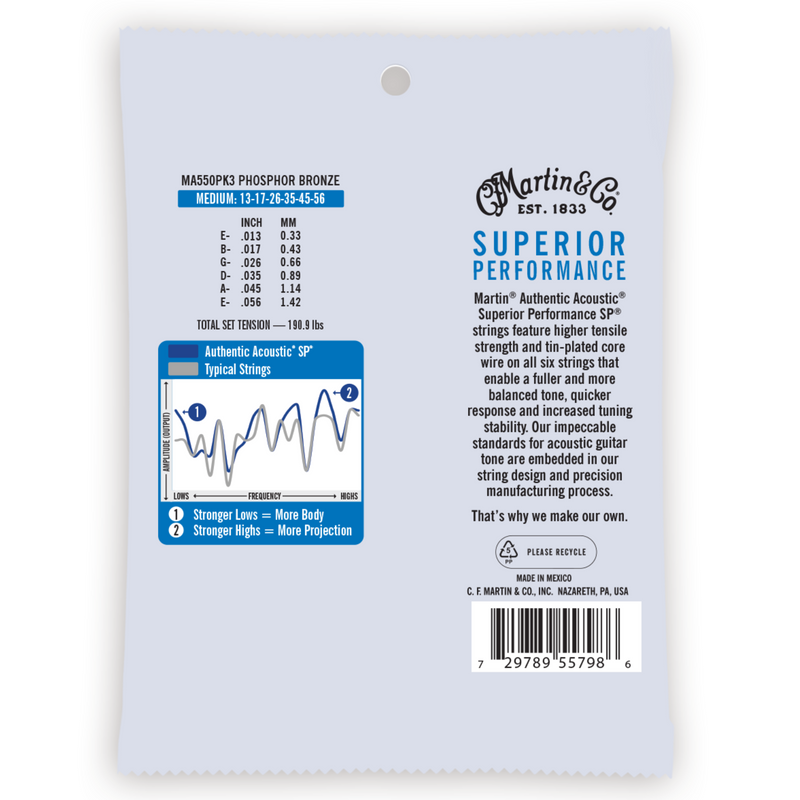 Martin 3 Pack 13-56 Medium Authentic Acoustic SP Phosphor Bronze Guitar Strings