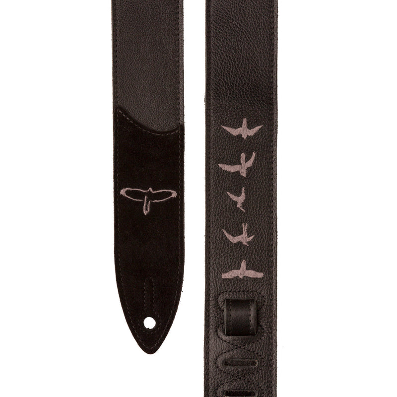 PRS Premium Leather Guitar Strap, Birds Embroidery, Black