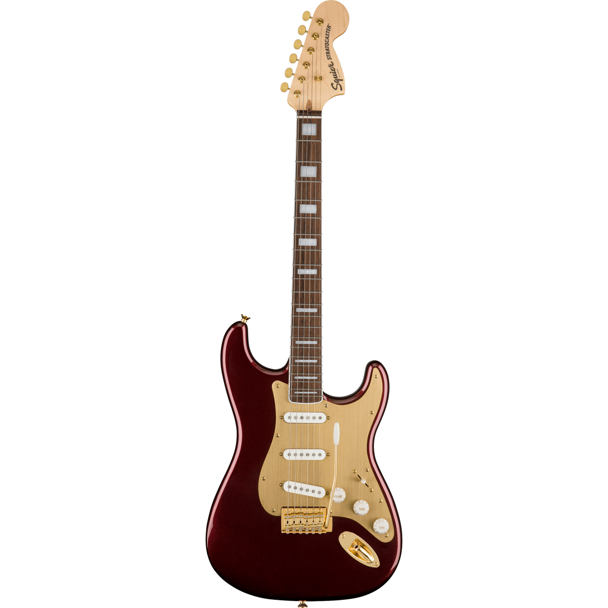 Squier 40th Anniversary Stratocaster Electric Guitar, Laurel, Gold Edition, Ruby Red Metallic