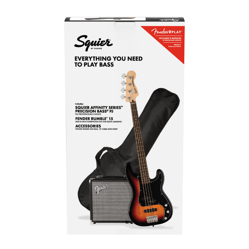 Squier Affinity Series Precision Bass PJ Pack Laurel, 3 Color Sunburst, Rumble 15 120V