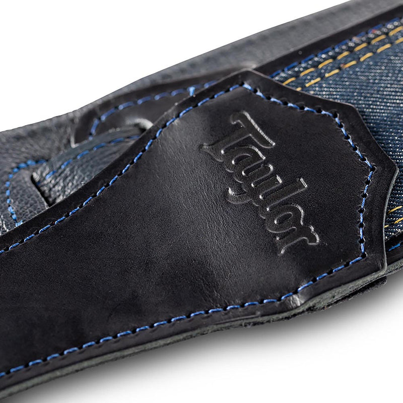 Taylor Blue Denim Strap, Navy Leather Edges 2.5 Inch Embossed Logo